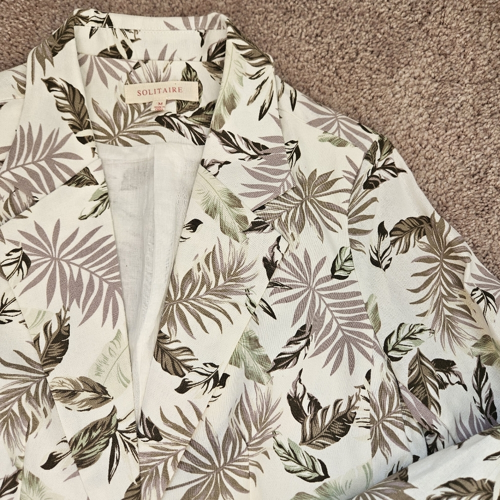 Solitaire Anthropologie Women M Linen Palm Leaf Print Blazer Tropical Jacket